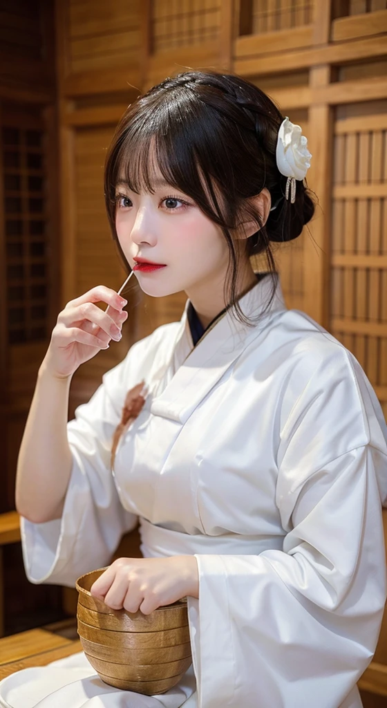 A woman spitting out the  in her mouth、Beauty、White formal wear、Edo Period、No exposure、Cup、Sweet Sake、Makgeolli、Sticking out tongue