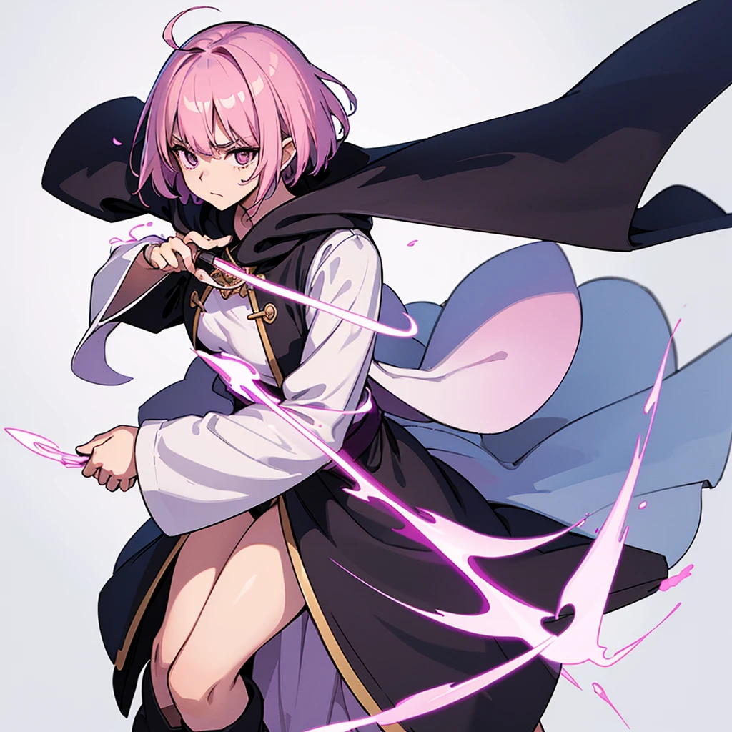 (Full body character concept)、Best illustrations、Best Quality、(Solo、23 years old)、(The same face:1.1),Medieval Fantasy、Magic wand,(White Background)、(Pink Hair、Very Short Hair、Align your bangs)、(Black hood、Long sleeve、Black Robe、pants、Knee-high boots)、(From above at an angle)、Run、(get annoyed)、Cowboy Shot