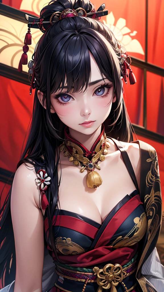 Highest quality, Ultra-high resolution, (Realistic: 1.4), Super beautiful, beautiful, Warrior, Japanese Dance、Eyes that beckon, Mistress's point of view, Attractive look, Sexy smile, Perfect Style, Perfect balance, Detailed skin full body shot, Mischievous Gaze, (Black Hair、ponytail:1.4), Droopy eyes