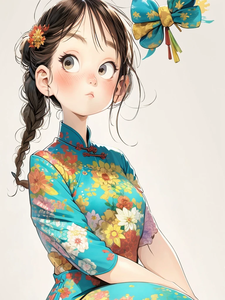 (masterpiece, best quality:1.2), watercolor，cartoonish character design。1 girl, Solitary，big eyes，Cute expression，Two braids，cheongsam，portrait，interesting，interesting，Clear lines，Leave blank，
