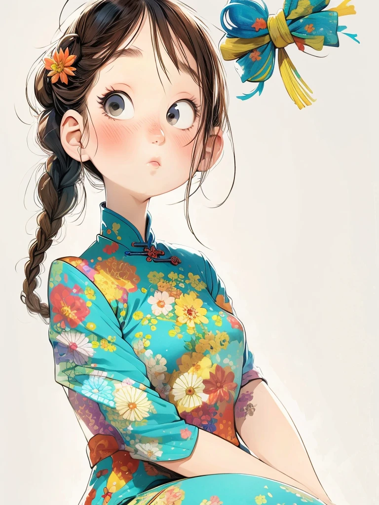 (masterpiece, best quality:1.2), watercolor,cartoonish character design。1 girl, Solitary,big eyes,Cute expression,Two braids,cheongsam,portrait,interesting,interesting,Clear lines,Leave blank,