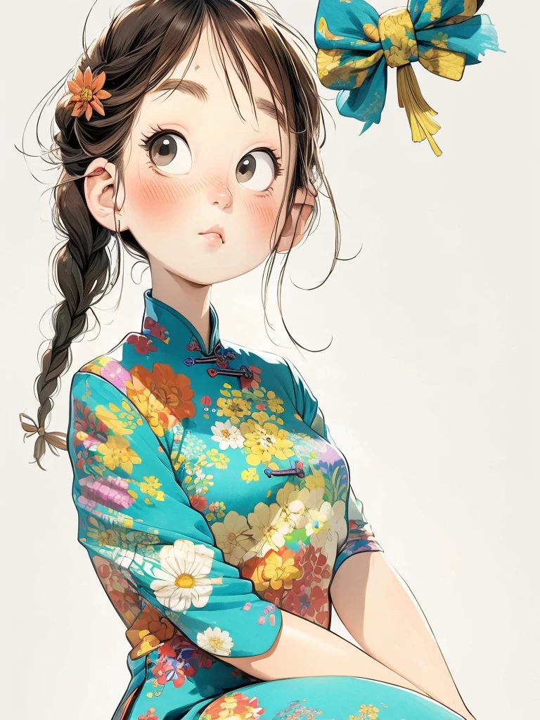 (masterpiece, best quality:1.2), watercolor,cartoonish character design。1 girl, Solitary,big eyes,Cute expression,Two braids,cheongsam,portrait,interesting,interesting,Clear lines,Leave blank,