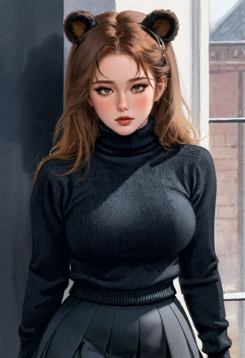 Brown long fluffy hair, fluffy hair, bear ears, bear, big breasts, attractive, turtleneck sweater, turtleneck, thicc body, thicc, freckles, freckles on face, neutral expression, smug eyes, bored eyes, skirt, black skirt
