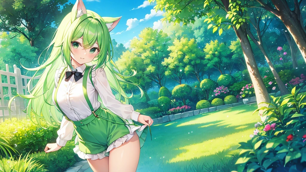 woman clear Light green hair suspenders Shorts Anime Style garden