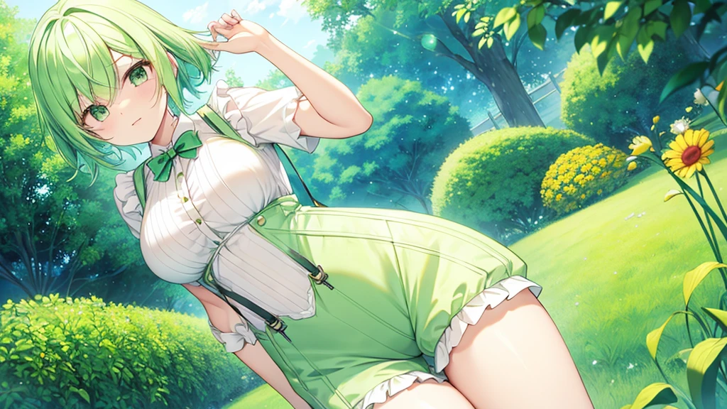 woman　clear　Light green hair　　suspenders　Shorts　Anime Style　garden

