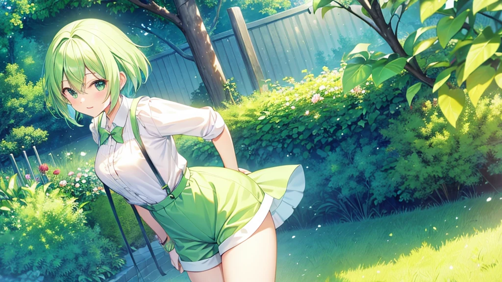 woman　clear　Light green hair　　suspenders　Shorts　Anime Style　garden
