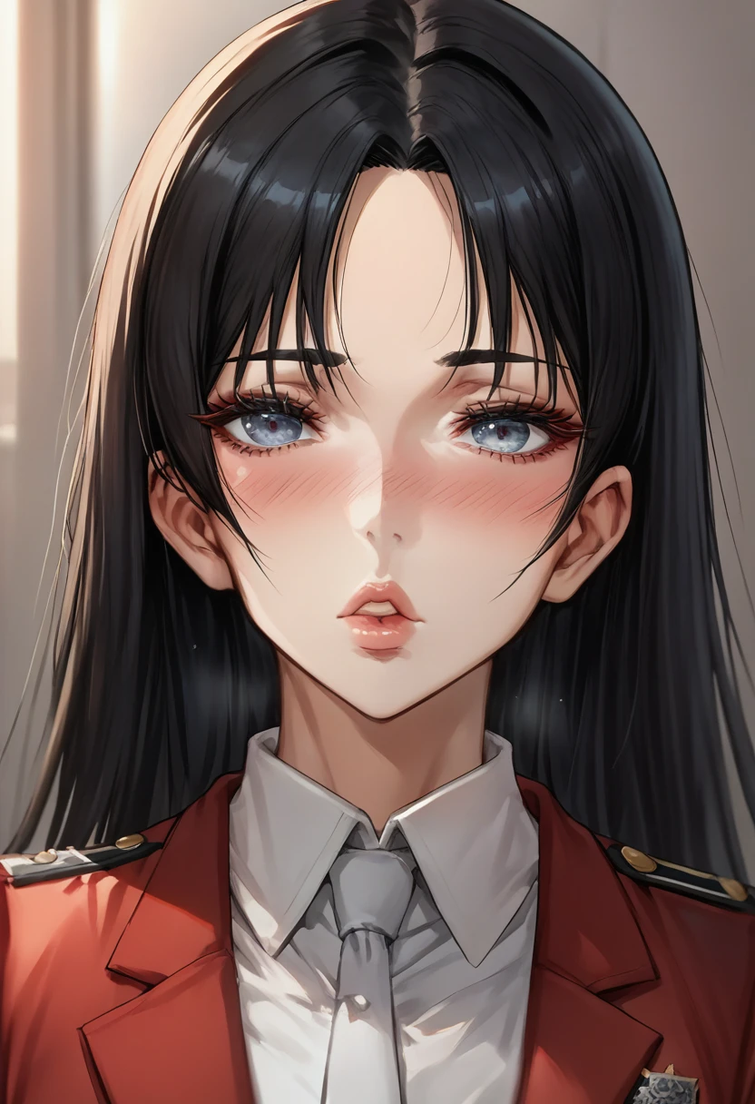 1girl, red blazer, black skirt, academic uniform, black hair, blush, frange émoussée, beautiful detailed eyes, beautiful detailed lips, extremely detailed face, long eyelashes, (best quality,4k,8k)