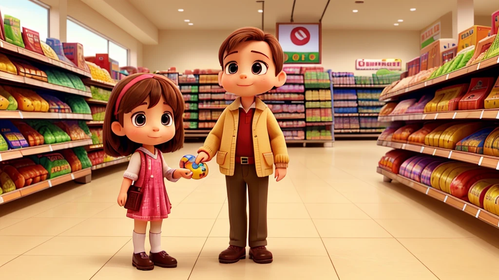 A buys toys with her parents in a supermarket
