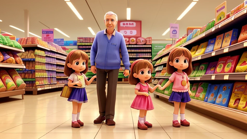 A little girl buys toys with her parents in a supermarket
