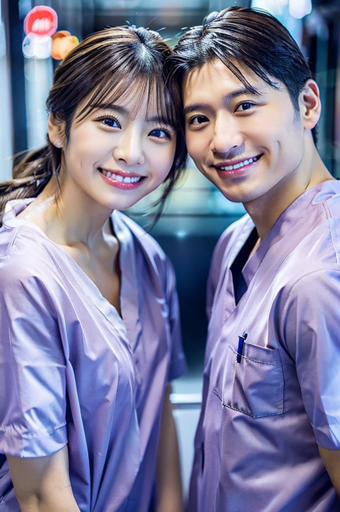 Male dentist and female dental hygienist　２people　A good business partner　日本people　Handsome Men and Beautiful Women　　Upper body close-up　high resolution　high resolution　Highest quality　smile　　Wearing navy blue scrubs