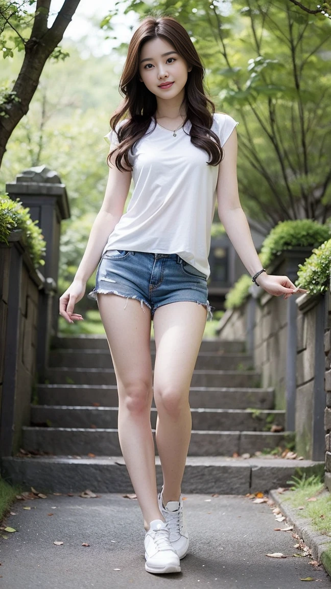 masterpiece, best quality, Surreal, Ultra Detailed, 8k resolution, RAW photos, Clear focus, (A girl in the forest), ((light gray shirt)), sleeveless, sports Shorts,, Solitary, Perfect body, Perfect body, Bangs to eyebrows、Beautiful brown hair、Beautiful and delicate eyes、Brown eyes、Raise an eyebrow、Bangs to eyebrows、Beautiful brown hair、Beautiful and delicate eyes、Slender legs，Brown eyes、Raise an eyebrow、High Nose、Small nostril、Little mouth、Tempting lips、Mouth slightly open、Beautiful breasts、Full body、Oval face,Phoenix Eyes，Eyebrow， Double eyelids, Long eyelashes, A faint smile, full-body shot:1.2，She has a pair of eyes as clear as water，Eyebrows are like distant mountains，Creamy skin，Lips like cherry blossoms，玉Slender legs如柳枝， A faint smile, full-body shot:1.2，Dynamic poses,Playful and flirty pose，The calves are straight and thin:1.5，Wear high-end brand colored sneakers:1.5,The gentle goddess takes gentle steps,
 32 inches in the chest,(a charming smile:1.2), (sexy pose)，26 years old, light,White shoes，