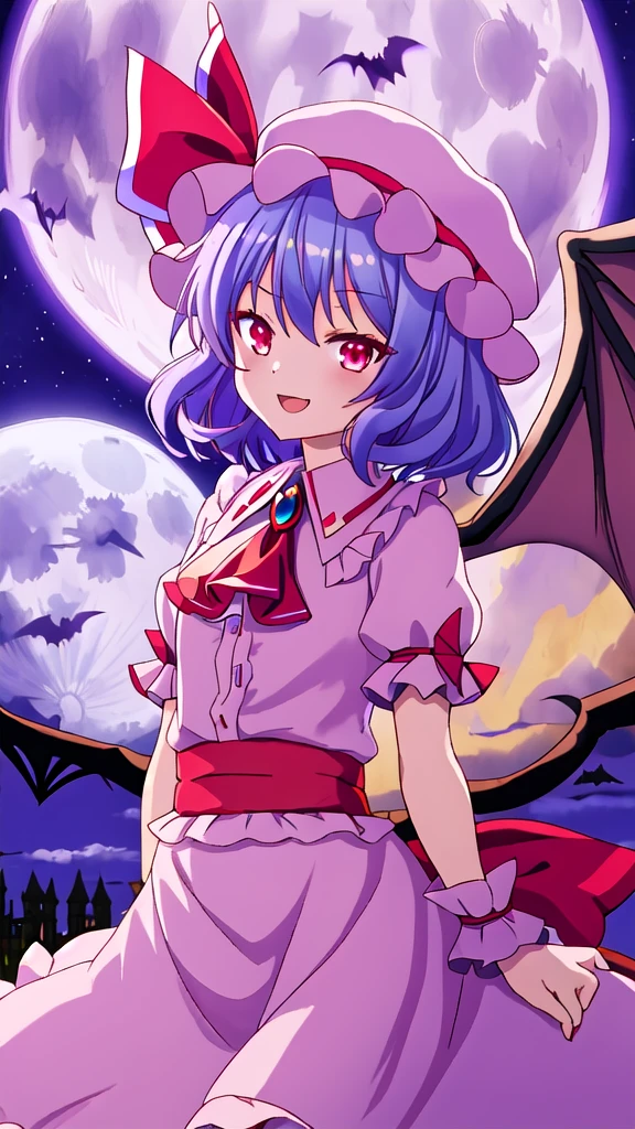 best quality, masterpiece, highres, solo, {remilia_scarlet_touhou:1.15}, red_eyes, short_hair, bat_wings, wings, ribbon, hat, blue_hair, mob_cap, hair_between_eyes, hat_ribbon, bangs, smile, upper_body, red_ribbon, 1girl, full_moon, looking_at_viewer, moon, night, outdoors, pink_headwear, puffy_short_sleeves, puffy_sleeves, red_moon, shirt, short_sleeves, sky, ascot, frilled_shirt_collar, frills, night_sky, open_mouth, pink_skirt, purple_hair, red_ascot, skirt, wrist_cuffs, bow, cloud, pink_dress, red_bow