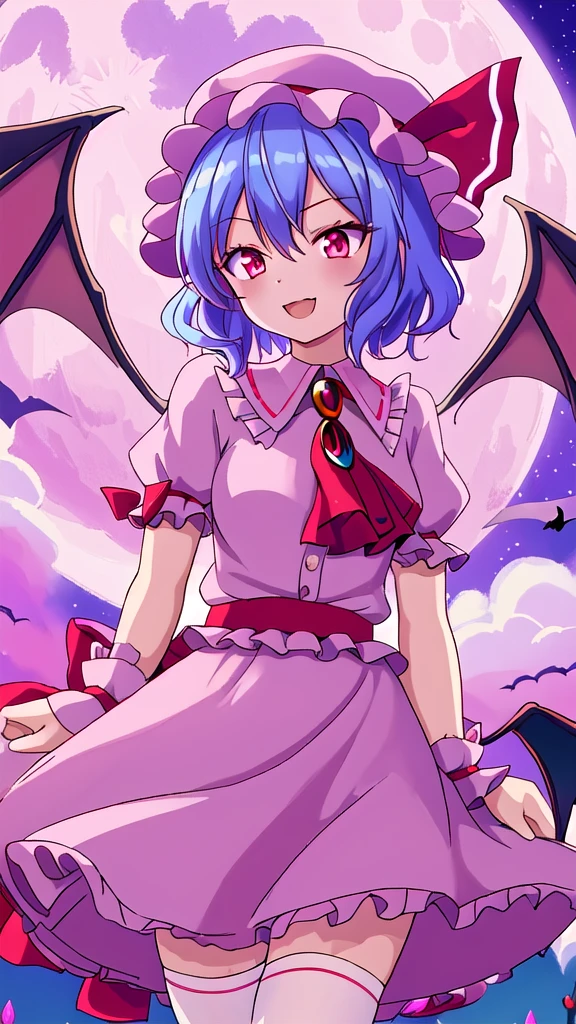best quality, masterpiece, highres, solo, {remilia_scarlet_touhou:1.15}, red_eyes, short_hair, bat_wings, wings, ribbon, hat, blue_hair, mob_cap, hair_between_eyes, hat_ribbon, bangs, smile, upper_body, red_ribbon, 1girl, full_moon, looking_at_viewer, moon, night, outdoors, pink_headwear, puffy_short_sleeves, puffy_sleeves, red_moon, shirt, short_sleeves, sky, ascot, frilled_shirt_collar, frills, night_sky, open_mouth, pink_skirt, purple_hair, red_ascot, skirt, wrist_cuffs, bow, cloud, pink_dress, red_bow