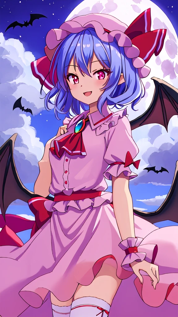 best quality, masterpiece, highres, solo, {remilia_scarlet_touhou:1.15}, red_eyes, short_hair, bat_wings, wings, ribbon, hat, blue_hair, mob_cap, hair_between_eyes, hat_ribbon, bangs, smile, upper_body, red_ribbon, 1girl, full_moon, looking_at_viewer, moon, night, outdoors, pink_headwear, puffy_short_sleeves, puffy_sleeves, red_moon, shirt, short_sleeves, sky, ascot, frilled_shirt_collar, frills, night_sky, open_mouth, pink_skirt, purple_hair, red_ascot, skirt, wrist_cuffs, bow, cloud, pink_dress, red_bow