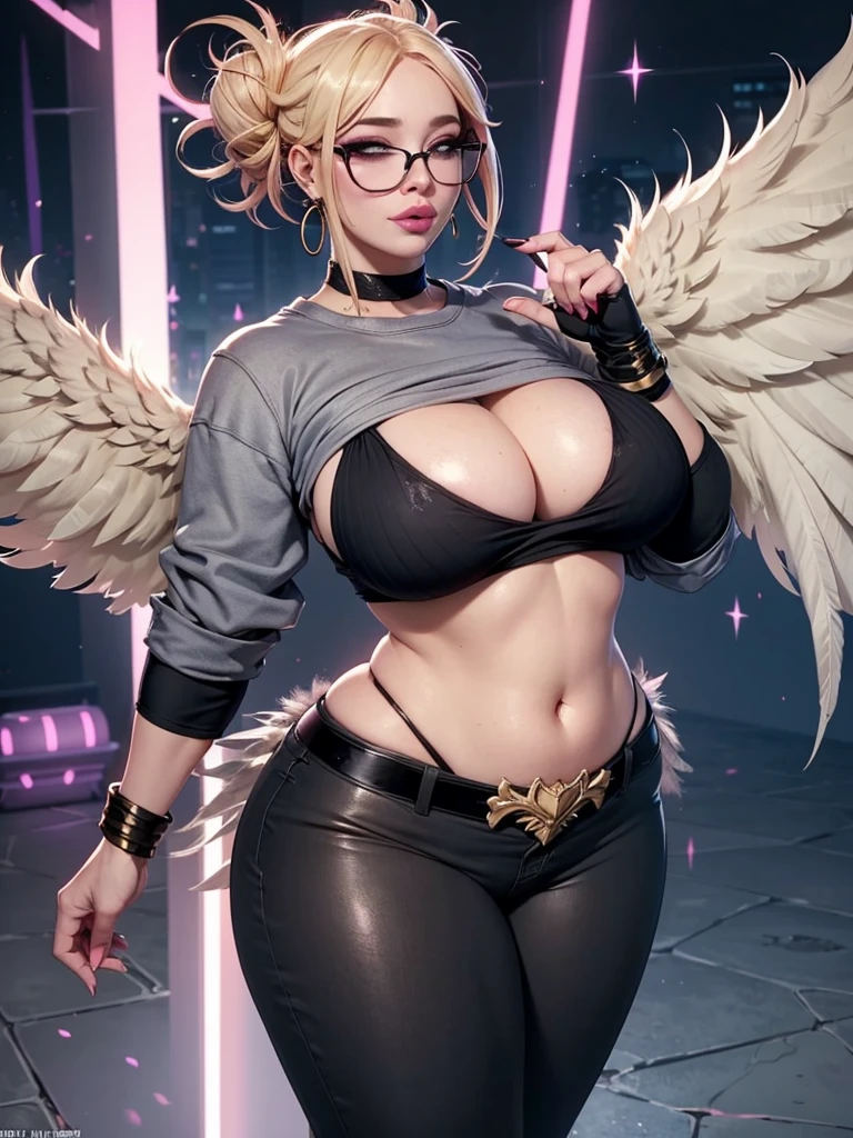 realisticlying,22yo girl,Blonde short、big body, sexy lingerie lace black ,perfect eyes, hair bunches、very very long hair, ultradetailed hair, body nylon sexy, Breasts enlarged、 big body, blonde, woman 1.90 CM,ponytail, ((hair over eyes)),perfect mouth, massive big bounce oppai, WET SKIN, (masterpiece, best quality:1.2), 1girl, solo, city background, haze \(fortnite\), Harpy Haze From fortnite, 1girl, earrings, glasses, hat, jewelry, lips, long hair, looking at viewer, makeup, nail polish, pink eyes, pink hair, pink nails, smile, sunglasses, tinted eyewear, belt, black pants, crop top, eyeshadow, midriff, navel, pants, choker, fingernails, round eyewear, sharp fingernails, standing, black feathers, black headwear, hoop earrings, horned headwear, horns, denim, winged arms, feather trim, star \(symbol\), elbow gloves, dark pink lips, feathers, heels, shoes, angel wings, bangle, black wings, crop top overhang, feathered wings, harpy, low wings, multicolored hair, multicolored wings, pink wings, wings, fingerless gloves, shirt, long fingernails, boater hat, bootcut pants, leather pants, sleeves, black sleeves,massive big bounce oppai,massive big bounce oppai,massive big bounce oppai,big bounce oppai,big bounce oppai,