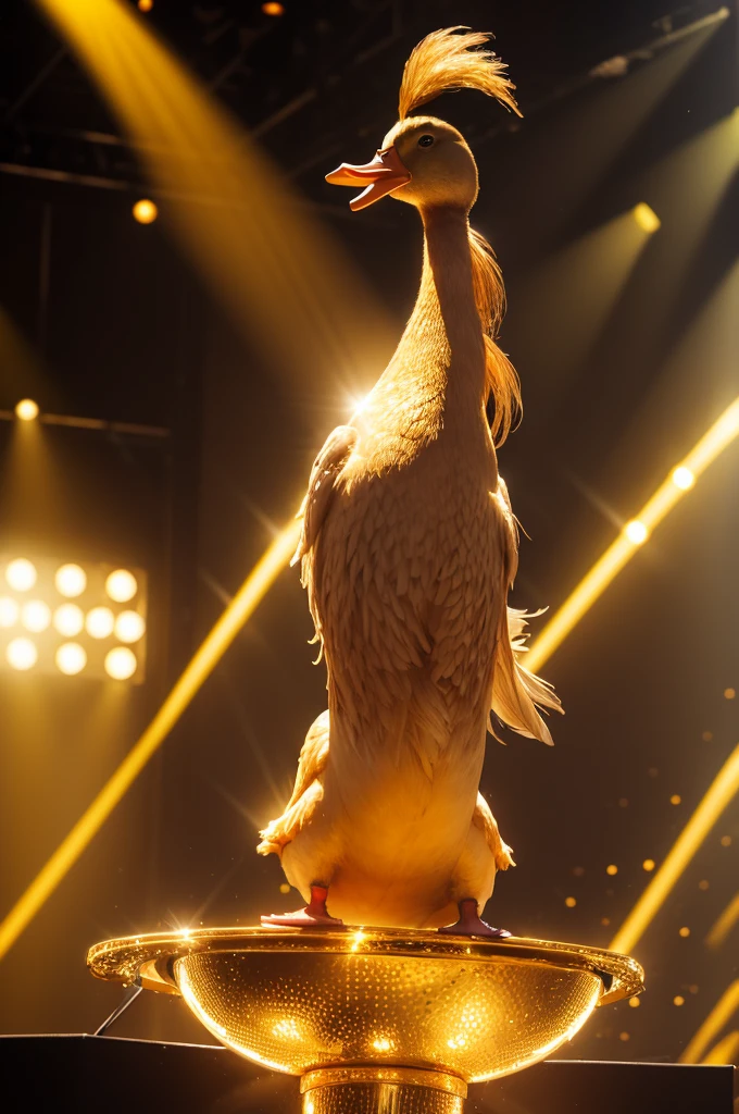 A golden duck on top of a talent show stage showing off its beautiful golden glow.