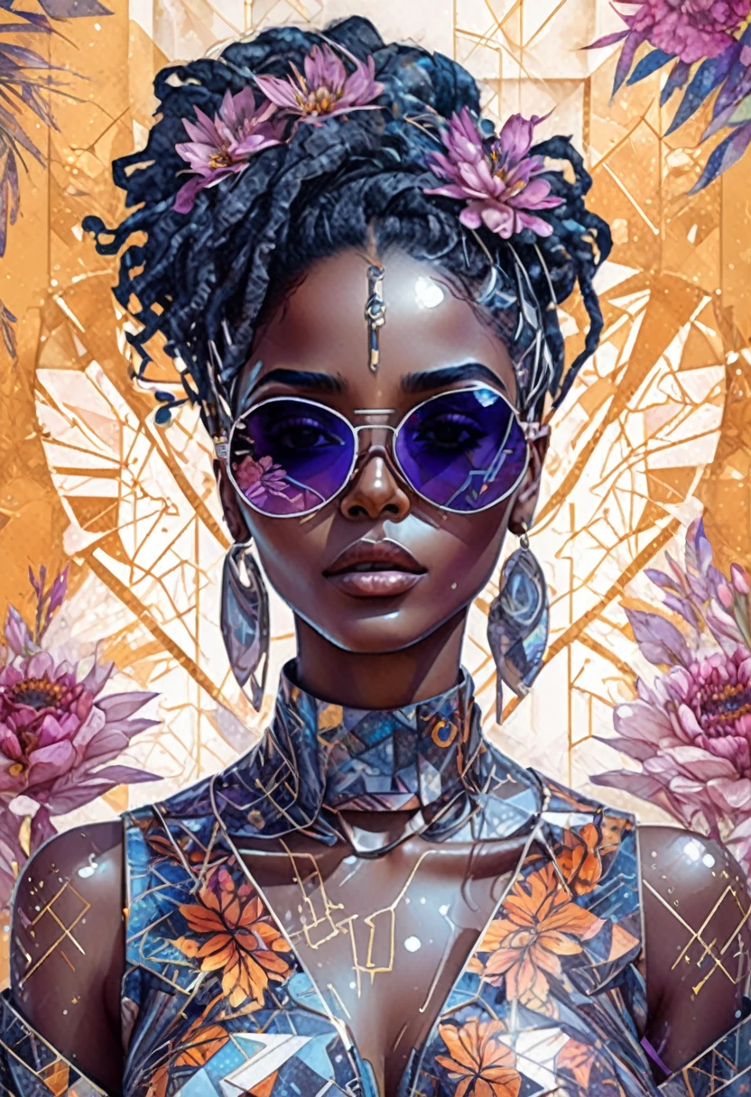 "Full body, water colors, ink drawing, beautiful cyberpunk Sudanese woman, wearing smart digital sunglasses,  floral background, geometric, in the style of Afrofuturism