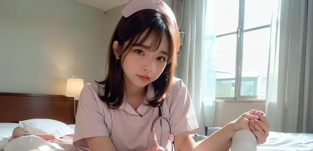 (((sexual position missionary))),(((pov))),(((having vaginal sex))), ((( lying down on the bed))),delicate and cute girls with brown hair,( ((nurse uniform)))、(((Wear a nurse wear))、high socks、navy colored socks,Plain clothes  ,((beautiful girl))、years、Super8K Ultra High Definition、Delicate texture、 Medium Hair,flat chest、(())、(((in hotel)))、,Plain clothes,spreading her legs,exposed panties,nsfw,middle breast,(((i))),(((spreading legs open wide with knees bent,creating the shape of the letter M))),(,,detailed penis