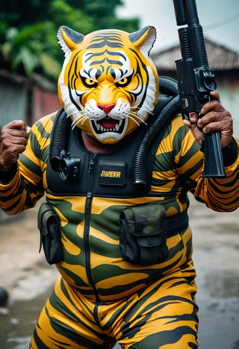 (a dark-skinned fat old man in a bulky camouflage zipper diver suit) (wearing roaring tiger mask that show the wearer eyes), carrying a gun on his left hip, muscular, imposing stature, Basuki Abdullah, sumatraism, action, a character portrait, heroic, fierce, snarling