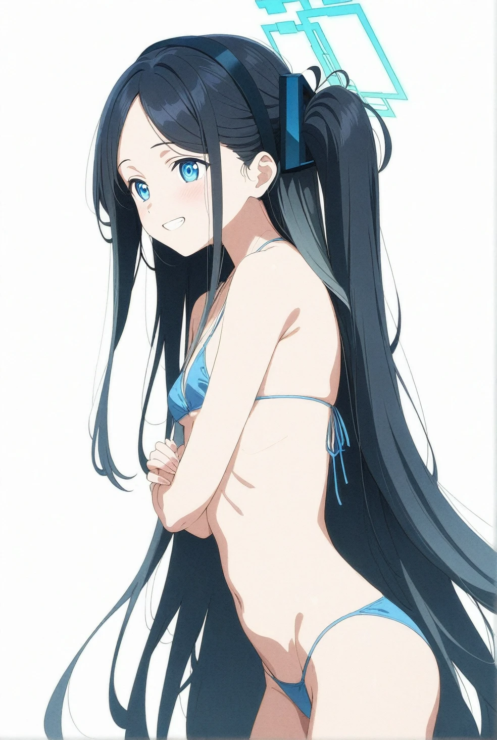 best quality, amazing quality, very aesthetic, absurdres, (1girl, aris (blue archive), blue archive, blue eyes, black hair, small breasts), (realistic face:0.9),(string bikini:1.8), (grin, blush, thigh:1.3), (cowboy shot), (glowing eyes), (half closed eyes:0.9), (from side:2), (official art:1.3), (pool), expressive eyes, perfect face, 4k, extremely detailed anime illustration, extremely detailed eyes, perfect anatomy, light rays, extremely delicate body, smooth skin, (simple background:1.5), clear eyes, beautiful face, small breasts,(anime style:1.7), (Warm Light:1.5), (highres:2),
