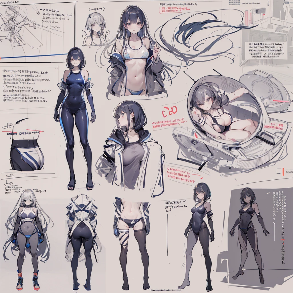 swimsuit, multiple views, pencil sketch, (sketch:1.25), best quality, Line draft, highres, (ultra-detailed:1.1), (illustration:1.1), (infographic:1.2), (solo), perfectly drawn hands, standing, cohesive background, paper, action, (character design:1.1),