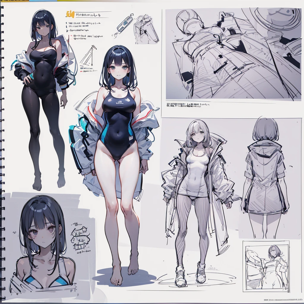swimsuit, multiple views, pencil sketch, (sketch:1.25), best quality, Line draft, highres, (ultra-detailed:1.1), (illustration:1.1), (infographic:1.2), (solo), perfectly drawn hands, standing, cohesive background, paper, action, (character design:1.1),