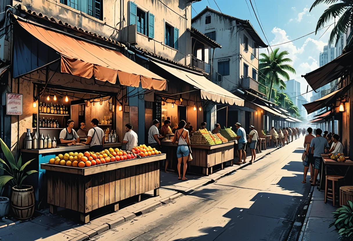 tropical side street, palm, (market)/fruits/ bar, street food, people, people on the street, graphic style of novel comics, perfect hands, 2d, 8k, hyperrealism, masterpiece, high resolution, best quality, ultra-detailed, super realistic, Hyperrealistic art, high-quality, ultra high res, highest detailed, lot of details, Extremely high-resolution details, incredibly lifelike, colourful, soft cinematic light,
