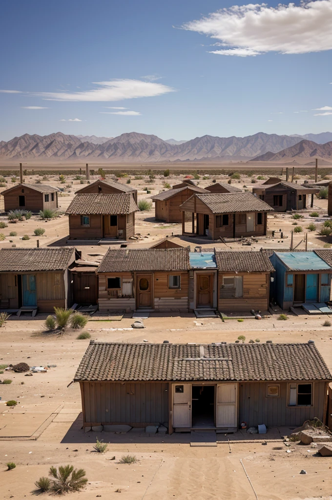 An abandoned residential area with new small wooden houses in a deserted desert