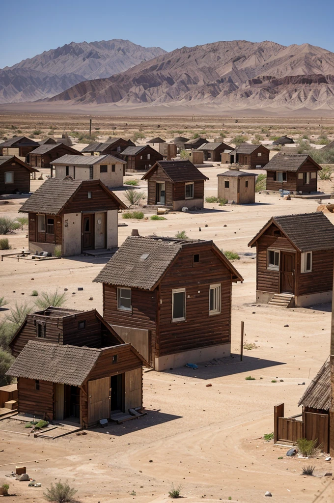 An abandoned residential area with new small wooden houses in a deserted desert