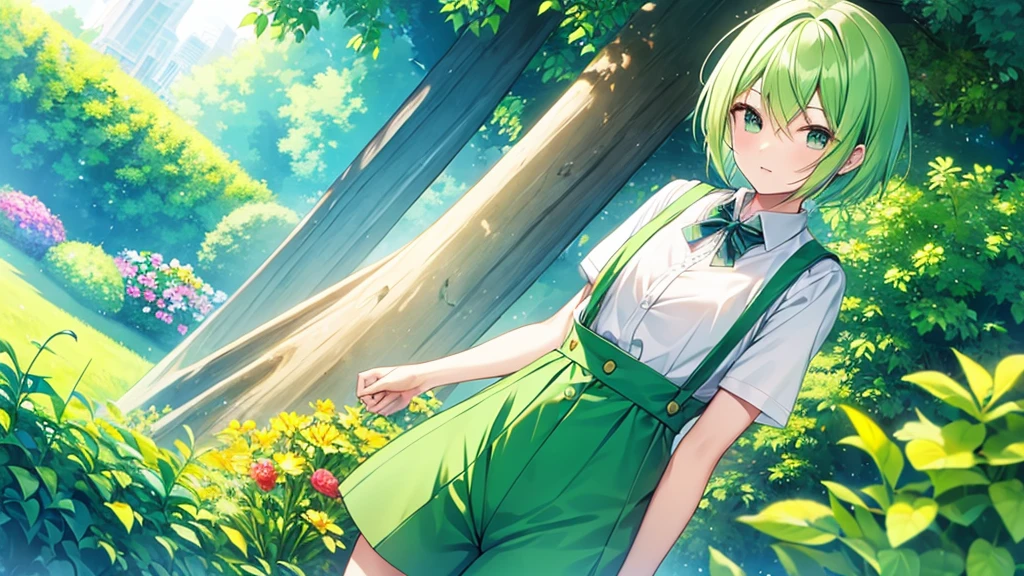 woman clear Light green hair boyish suspenders Shorts Anime Style garden