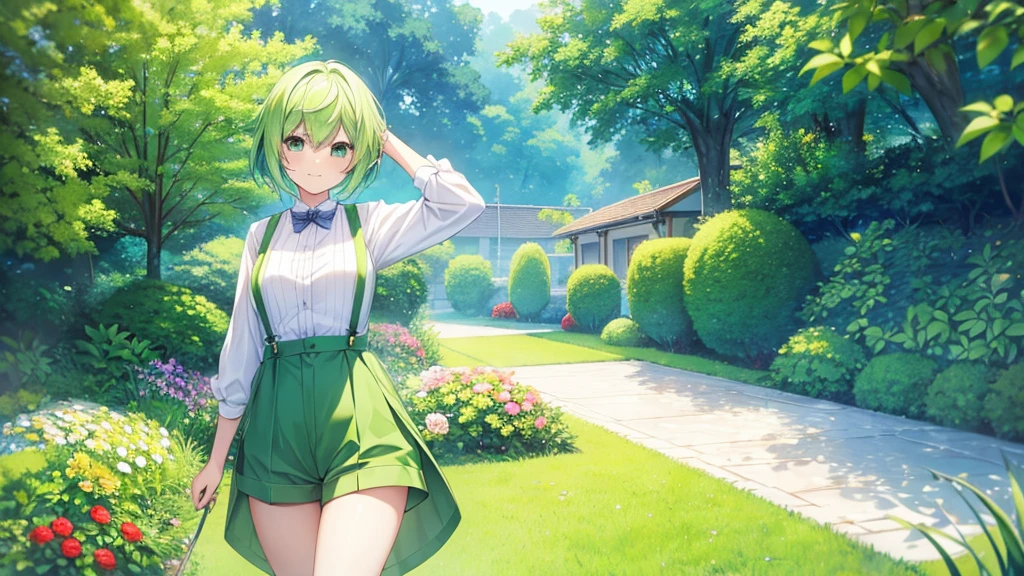 woman clear Light green hair boyish suspenders Shorts Anime Style garden