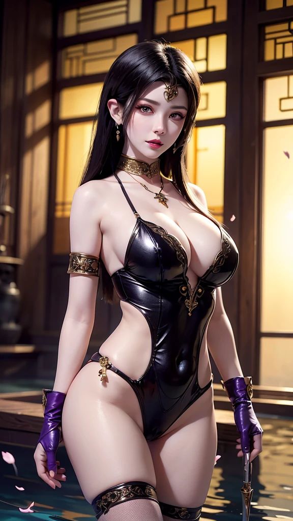 ((masterpiece)),((best quality)),((absurdres)),((ornate)),straight-on,upper_body,pose,looking_at_viewer,Mileena_aiwaifu,aiwaifu,black_hair,yellow_eyes,gloves,large_breasts,mask,navel,mouth_mask,makeup,abs,thighs,center_opening,dark_skin,short_hair,kunai,straight_hair,shinny hair,thighhighs,fingerless_gloves,cleavage,fishnets,ninja,ninja_mask,elbow_gloves,covered_mouth,bare_shoulders,fishnet_legwear,weapon,purple_leotard,leotard,purple_gloves,purple_legwear,armband,armlet,bodysuit,jewelry,purple_footwear,revealing_clothes,dual_wielding,toned,curvy, narrow waist, solo,mature_female,looking_at_viewer,indoors,((partially_underwater_shot)),east asian architecture,cherry blossoms,onsen,petals,water,shouji,wisteria,sidelighting,light_particles,blurry_background,colorful,bokeh,(novel_illustration:1.221),(incredibly_absurdres:1.221),(ornate_clothes:1.221),(dappled_sunlight:1.221),(depth_of_field:1.221),(scenery:1.221),(realistic:1.221),(masterpiece:1.221),