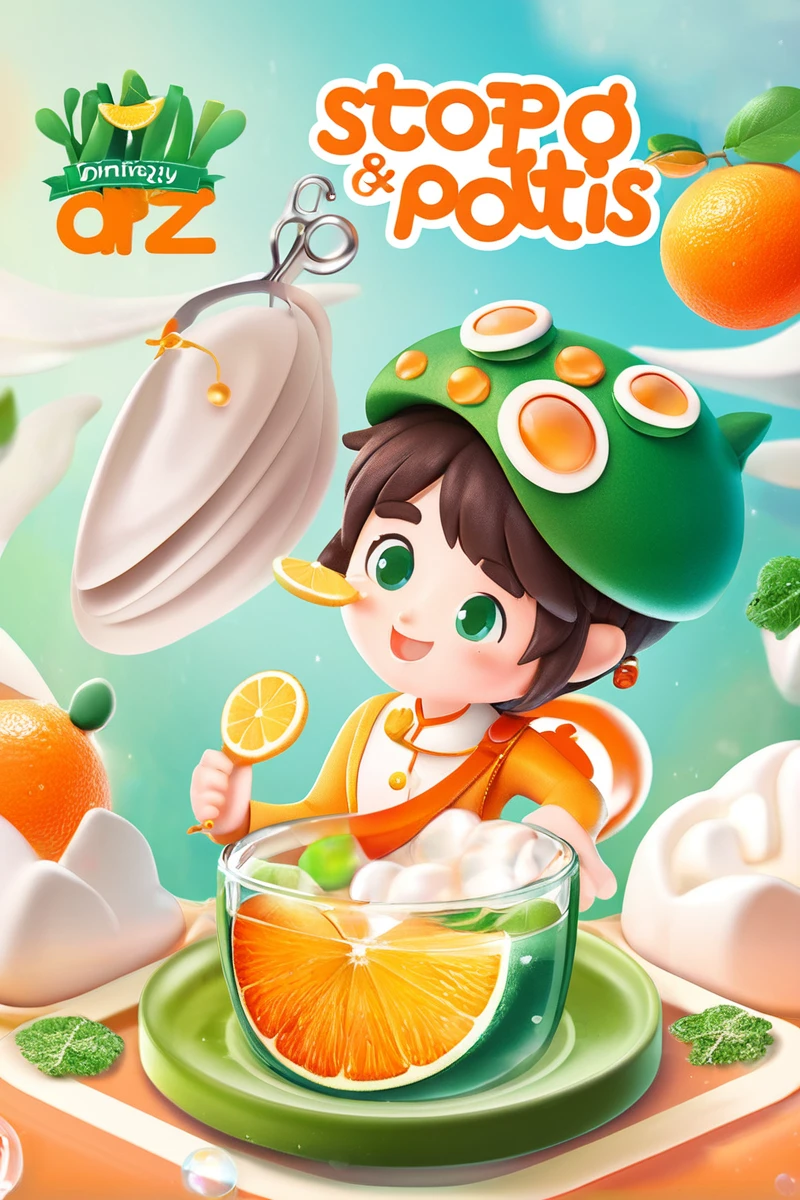 Food Photography Style and Artwork, stopwatch, Adopts 2D game art style, Girl with character, Dmitriy Vishnevsky, Orange and Emerald, Cute and dreamy, Editorial Illustrations, Zeiss Batis 18mm f/2.0/2.8 . appetizing, professional, cooking, high resolution, commercial, Very detailed