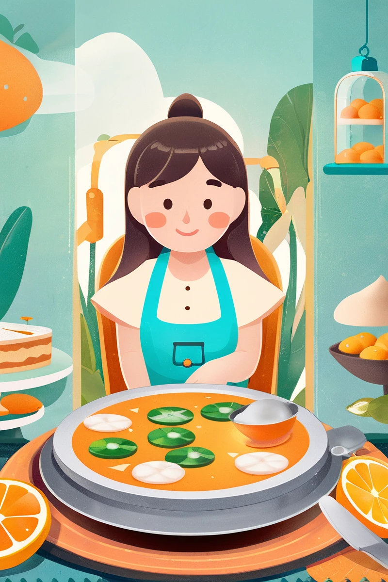 Food Photography Style and Artwork, stopwatch, Adopts 2D game art style, Girl with character, Dmitriy Vishnevsky, Orange and Emerald, Cute and dreamy, Editorial Illustrations, Zeiss Batis 18mm f/2.0/2.8 . appetizing, professional, cooking, high resolution, commercial, Very detailed