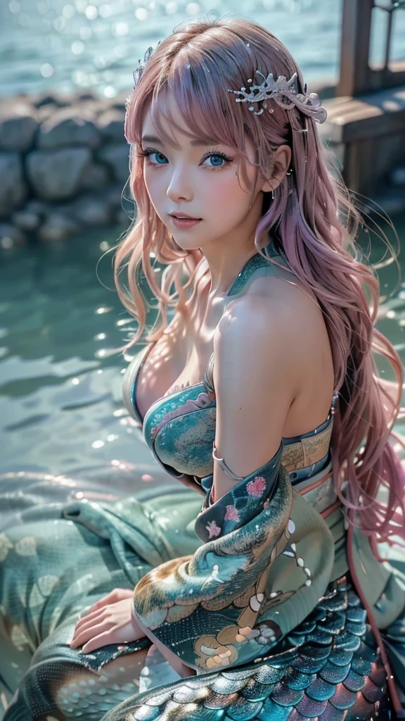 (super realistic photorealistic image:1.5), (cute and beautiful face, pink wavy hair, soft and light blue eyes that exude warmth and tenderness, tight body, covered with fish scales to emphasize her mermaid status, large and graceful fish tail in place of legs, which are also covered with scales and fused with cyberpunk electronics and tubes, elegantly dressed in a revealing kimono with traditional Japanese patterns:1.5) also covered with scales and fused with cyberpunk electronics and tubes, elegantly dressed in a revealing kimono with traditional Japanese patterns: 1.5), (she sits seductively on a rock by the sea: 1.5), and in the background, a distant neo Tokyo cityscape lit by neon lights, lighting, The colors and mood of the scene are powerful and cinematic, with the beautiful seaside scenery and the soft glow of the city lights creating a fantastic atmosphere, the design and details are ultra clear and detailed, emphasizing the mermaid-like appearance with prominent fish tail, shimmering skin scales and cyborg elements, the image is of the highest quality and ultra realistic Photographs of the highest quality