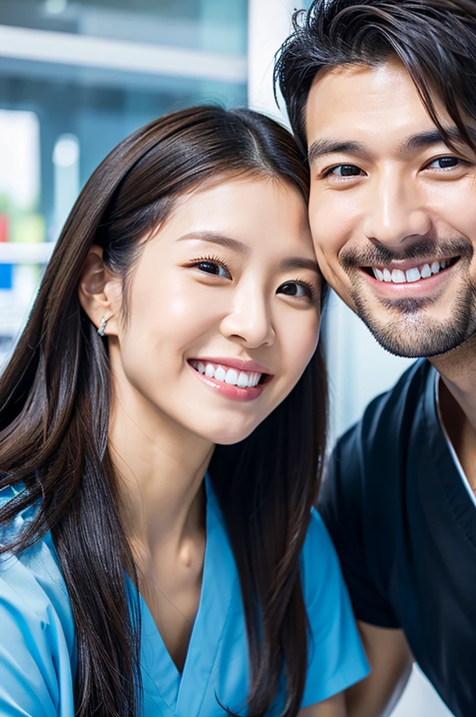 Male dentist and female dental hygienist 2people A good business partner 日本people Handsome Men and Beautiful Women Upper body close-up high resolution high resolution Highest quality smile Wear black scrubs