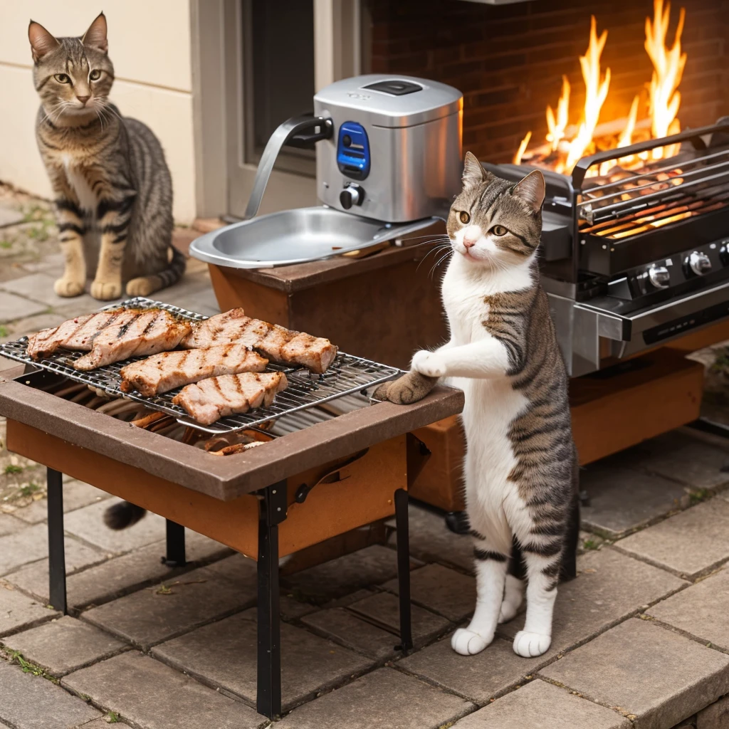 A cat standing on two legs grilling meat on a bone
