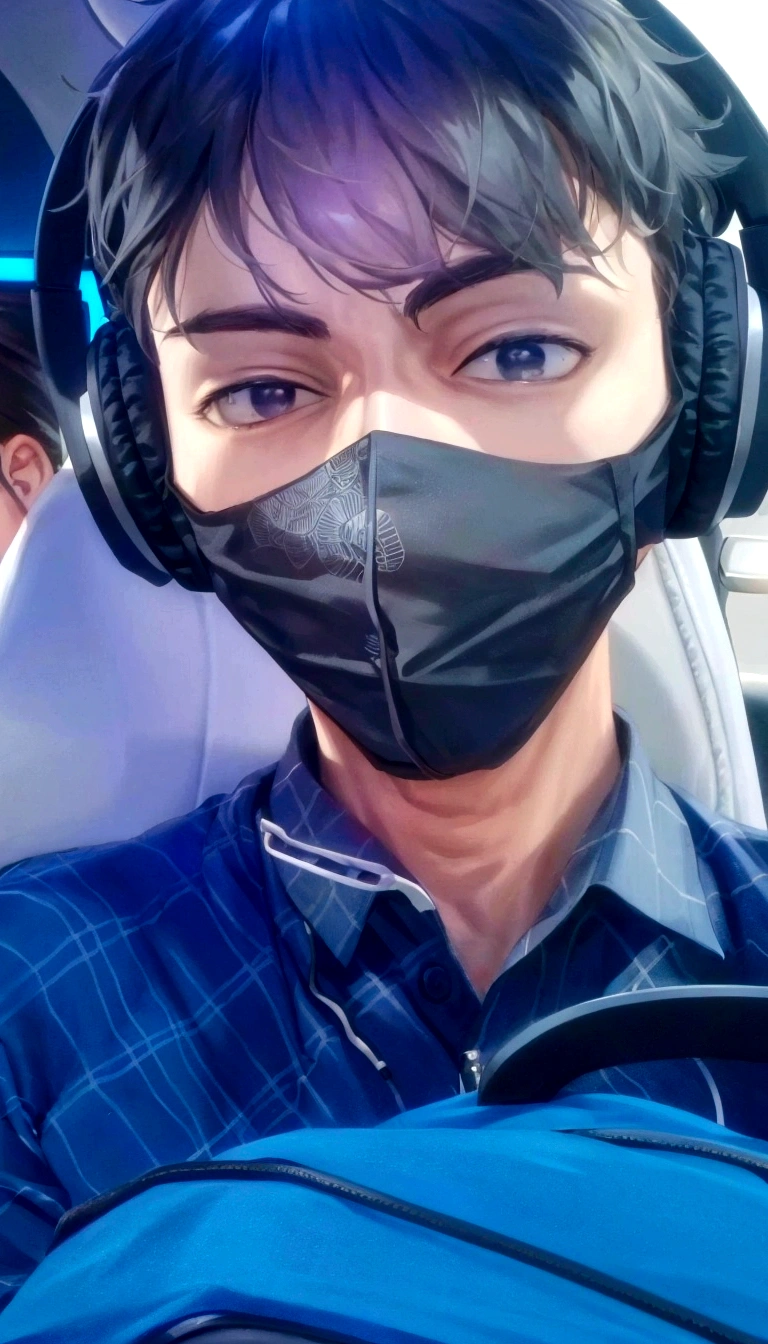 arafed man wearing a mask and headphones in a car, wearing all black mempo mask, wearing facemask, wearing mask,