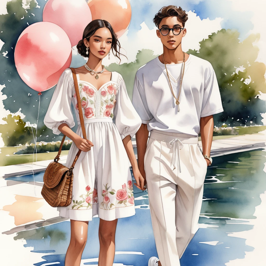 candid fashion illustration of young Mixed race man and woman, both aged 18 year old, ((showcase fashion look book in a rose and White linen outfits)), the design inspired Rose flower, in elegant young chic bohemian style. The man wears an oversized short-sleeved bowling white shirt with a minimal embroidery details, paired with relaxed-fit white Sports pants with Drawstring, He completes his look with white sneakers, round glasses. The woman complements him in a white Calf-length fitted dress in a cotton crêpe weave with a sweetheart neckline, smocked section at the back and a concealed zip at one side. Elbow-length, organza-filled balloon sleeves with covered elasticities over the shoulders and at the cuffs, Her ensemble includes an accessorizes with a brimmed straw bag, wood necklace and white sneakers and necklace. Captured in a low angle, ((full-body image)), ((light rose flower in water color background)), sketching, realistic drawing, ((imperfect water color drawing)), fashion look book, fashion illustrator, sketch design, 