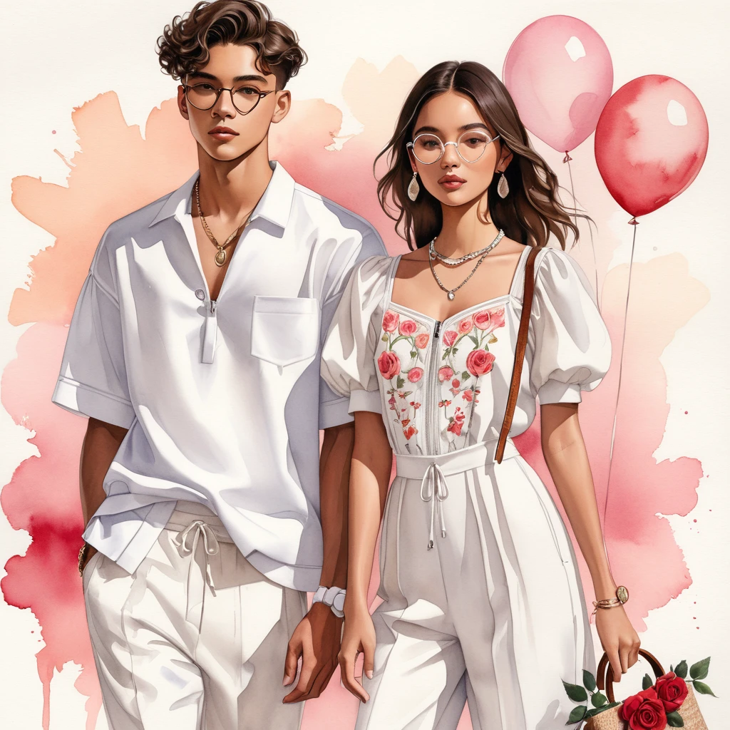 candid fashion illustration of young Mixed race man and woman, both aged 18 year old, ((showcase fashion look book in a rose and White linen outfits)), the design inspired Rose flower, in elegant young chic bohemian style. The man wears an oversized short-sleeved bowling white shirt with a minimal embroidery details, paired with relaxed-fit white Sports pants with Drawstring, He completes his look with white sneakers, round glasses. The woman complements him in a white Calf-length fitted dress in a cotton crêpe weave with a sweetheart neckline, smocked section at the back and a concealed zip at one side. Elbow-length, organza-filled balloon sleeves with covered elasticities over the shoulders and at the cuffs, Her ensemble includes an accessorizes with a brimmed straw bag, wood necklace and white sneakers and necklace. Captured in a low angle, ((full-body image)), ((light rose flower in water color background)), sketching, realistic drawing, ((imperfect water color drawing)), fashion look book, fashion illustrator, sketch design,