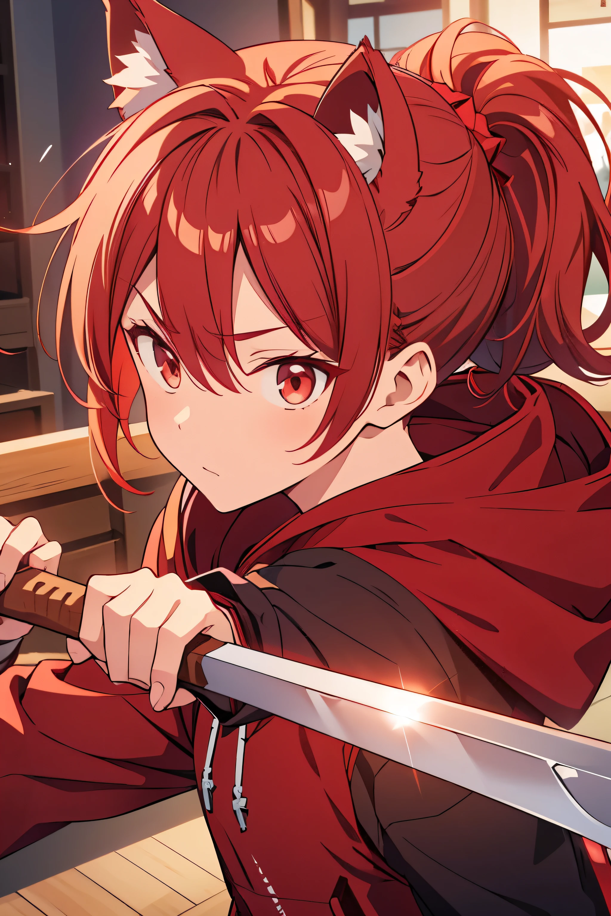 A high school boy with red hair, a ponytail, wolf ears, a red open hoodie and a wooden sword swinging around angrily