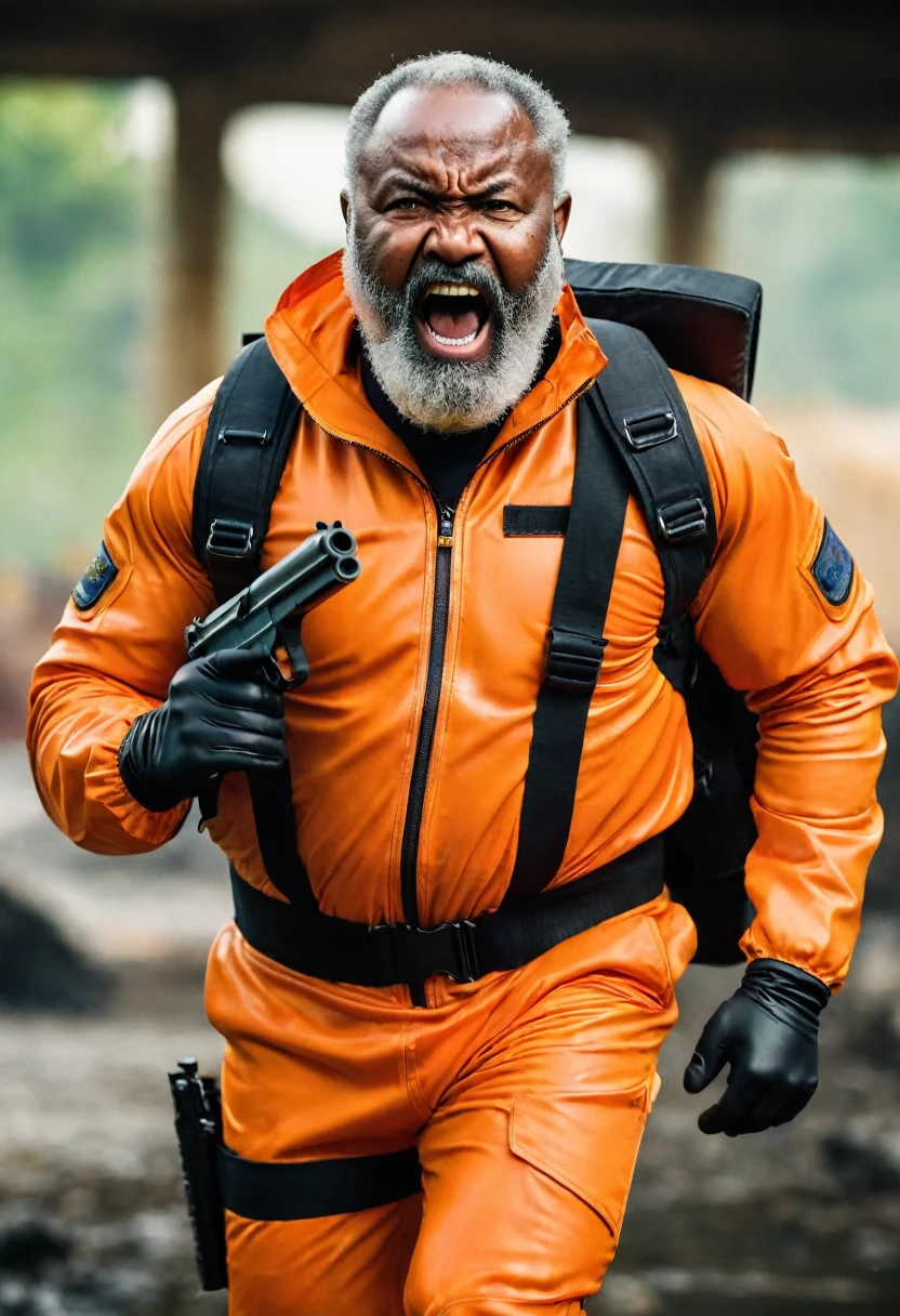 (a dark-skinned bearded chubby old man in orange zipper pilot suit), wearing rescue gear, wearing black rubber gloves, running, shooting with a gun, imposing physique, muscular, toned muscles, Basuki Abdullah, sumatraism, action, a character portrait, heroic, fierce, shouting, intense