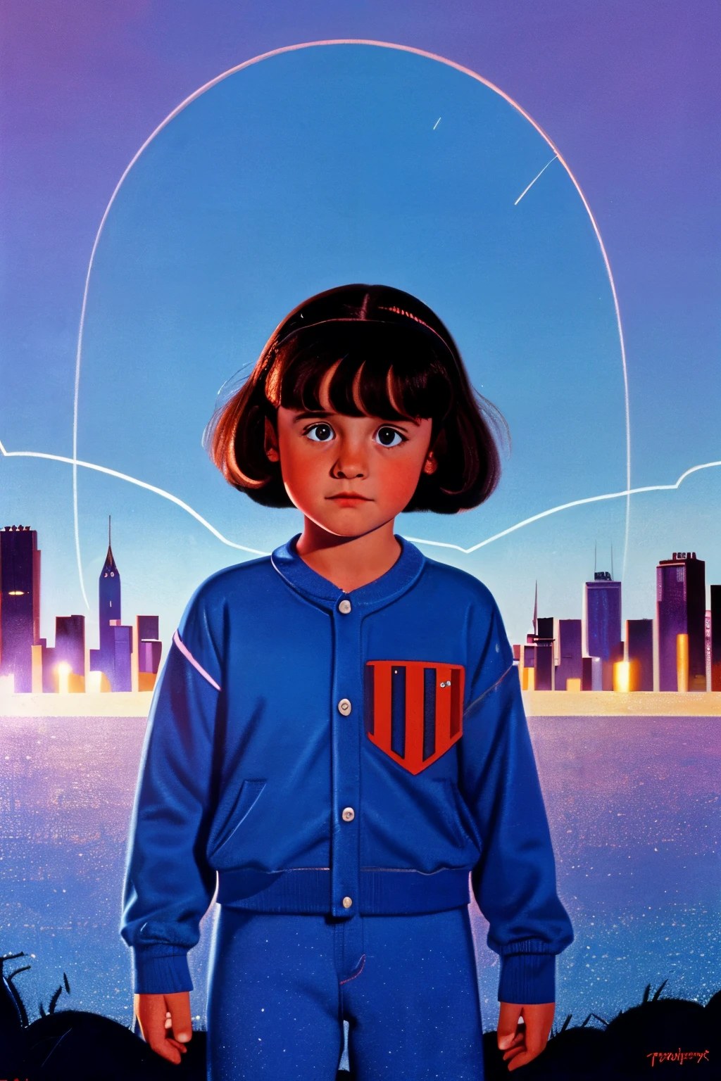 England, 1988. A little ((((5-year-old)) Matilda Wormwood)), with superpower rays coming out of her eyes, ((((clothings from the 1980s)))), ((dark hairstyle of the 1980s))