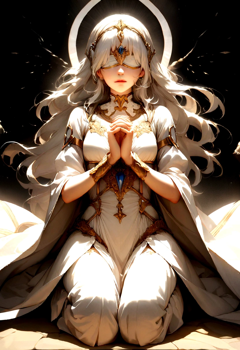Imagine a high resolution, photorealistic image that exquisitely captures a person genuinely praying. The person is kneeling with both hands carefully joined together, in a gesture of deep devotion. The backlight is absolutely realistic, emanating from a heavenly source and filling the scene with a gentle, Natural brightness. Every detail of the picture is offered, from the wrinkles on the person's hands to the subtle nuances of shadow and light on their face. Image quality is exceptional, with textures, Cores and details that seem to pop out of the screen. This image is a stunning representation of faith and spirituality, able to touch the heart of whoever contemplates it.Create an original character design sheet,pristress girl , holy maiden , praing , crystal white armor , white hair , crystal clear blindfold,octane render, best quality ,looking up to the gods
