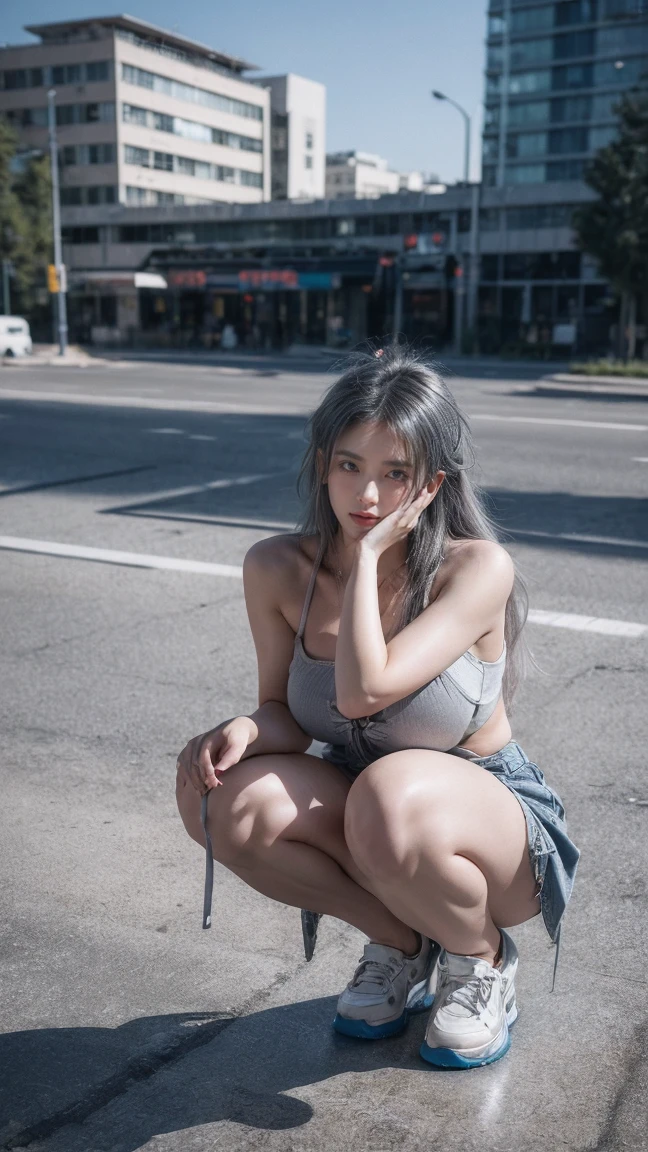 21yo girl, gray hair, (squat on up of viewer:1.6), (from sky:1.8), (sky view), (natural big breast), plump body,single sidelock hairpin blush, modern cinematic lighting, ray tracing, drop shadow wide shot UHD, textured skin, high details, best quality 4K, squat pose, setup face, sad, Grunge style create a photo realistic image that the viewer has never envisioned before,the image should demonstrate extreme creativity,imaginative,bold,inspiring,original in subject,original in style,amazing composition,intricately detailed,absurdly complex.