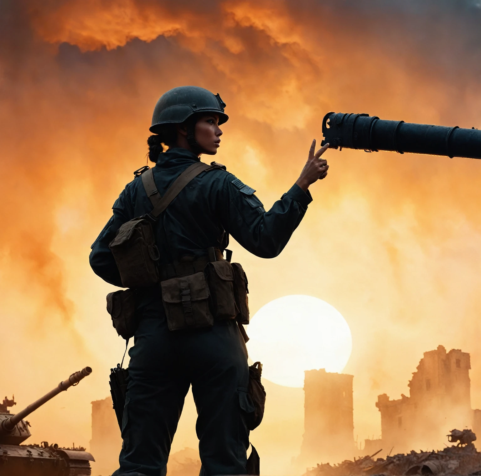 （A female soldier raised her hand to touch something，Background is the ruins of the city，Under the sunset：1.5）painting masterpiece, Extremely detailed, Black White Dark Steel Dark Blue Black Light Brown Dark Brown White Light Orange Dark Red Dark Green, Dramatic Lighting, evening, High contrast, steam, FOG, Israeli soldiers fighting with tanks on the battlefield, Movie Lighting, Aspect ratio of 16:9, steam, 4K, professional ominous Concept Art, author：artgerm and greg rutkowski, complex, elegant, Highly detailed digital painting, Concept Art, Smooth, Clear focus, illustration, Simon Starenhagen&#39;s style, Wayne Barlow, 和 igor kieryluk., Acrylic painting, Popular in pixiv Fan Box, Palette knife and brush strokes, Makoto Shinkai&#39;s styleJamie WiseJames GirardEdward HopperGreg RutkowskiStudio GhibliGenshin Impact