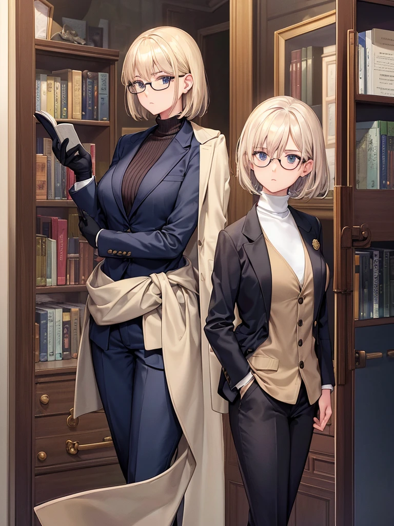 books lying around, cream hair, tall, square glasses, black turtleneck, a beige color two-button blazer, dark navy-blue pants, and a pair black gloves, looking at viewer, slightly short hair, female, slim, stern expression, slightly leaning on wall, hand on waist