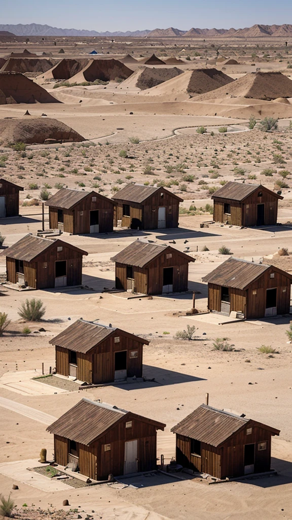 An abandoned residential area with new small wooden houses in a deserted desert