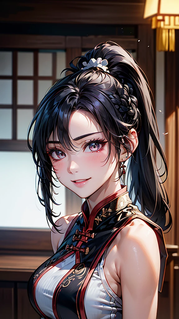 Highest quality, Ultra-high resolution, (Realistic: 1.4), Super beautiful, beautiful, Warrior, Chinese Dance、Eyes that beckon, Attractive look, Sexy smile, Perfect Style, Perfect balance, Detailed Skin Full Body Shot, ((Black Hair、ponytail:1.4)),　Droopy eyes