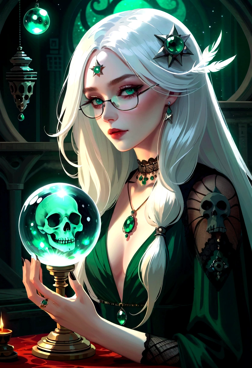 (best quality,4K,Very detailed,Practical:1.2),Mysterious astrologer girl,Pale skin,Long white hair fluttering in the wind,Shiny glasses lenses, A glowing sphere floating,Emerald eyes,Sharp eyes,The strange tattoo on her arm,Crystal Ball,Skull and five-pointed star decoration,Tarot,Mysterious symbols,Dramatic Lighting,Gothic,Black lace dress,Gorgeous jewelry,Feather hair accessories, Dark and scary atmosphere,